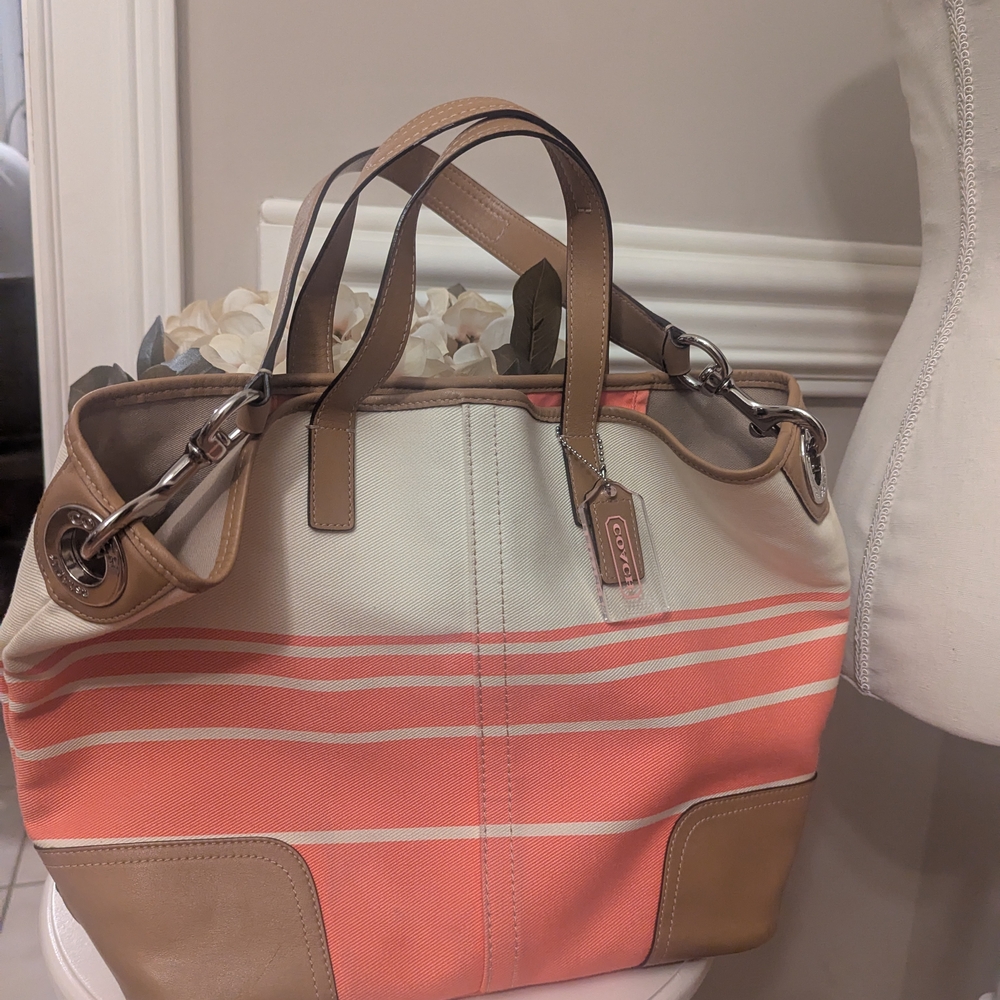 Coach Women's Striped Tan and Pink Bag